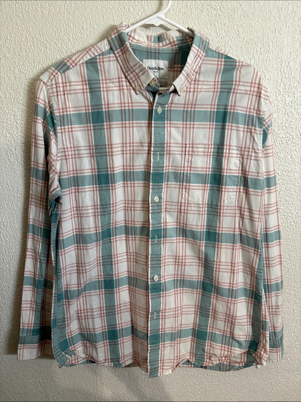 Goodfellow & Co Teal and Pink Plaid Slim Fit Button-Down Shirt Sz Lg